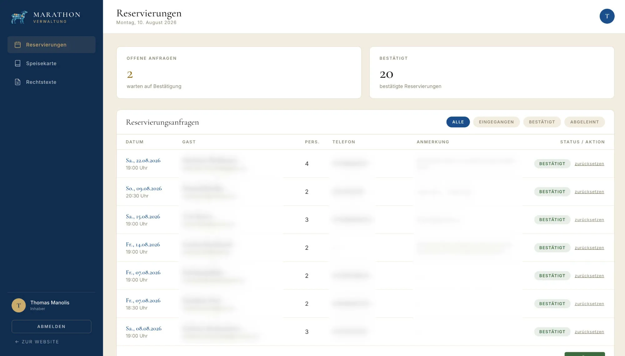 Der Admin-Bereich der Marathon-Website mit der Reservierungsübersicht