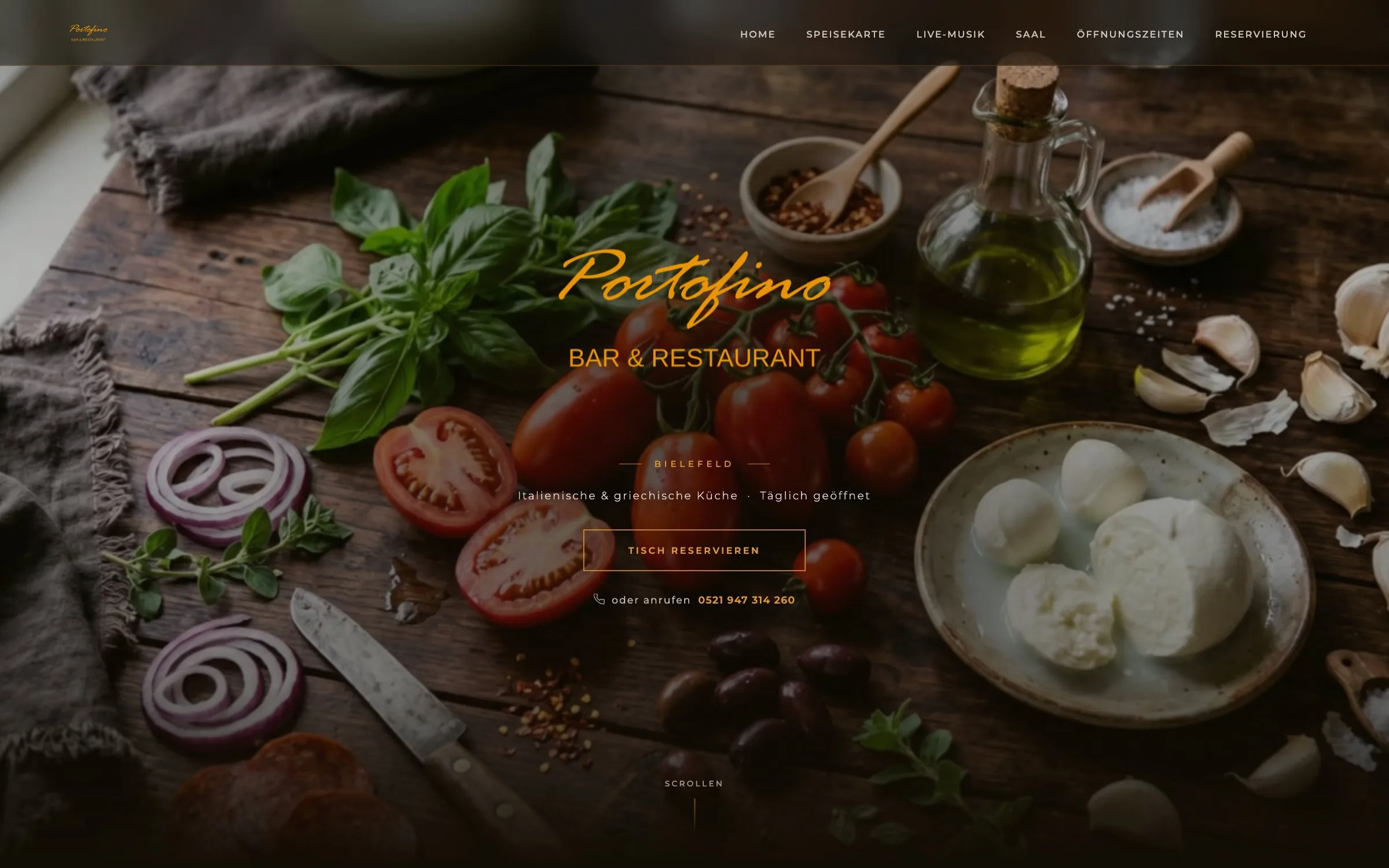Der Einstieg der Portofino-Website: Zutaten auf dem Holztisch, darüber der Portofino-Schriftzug