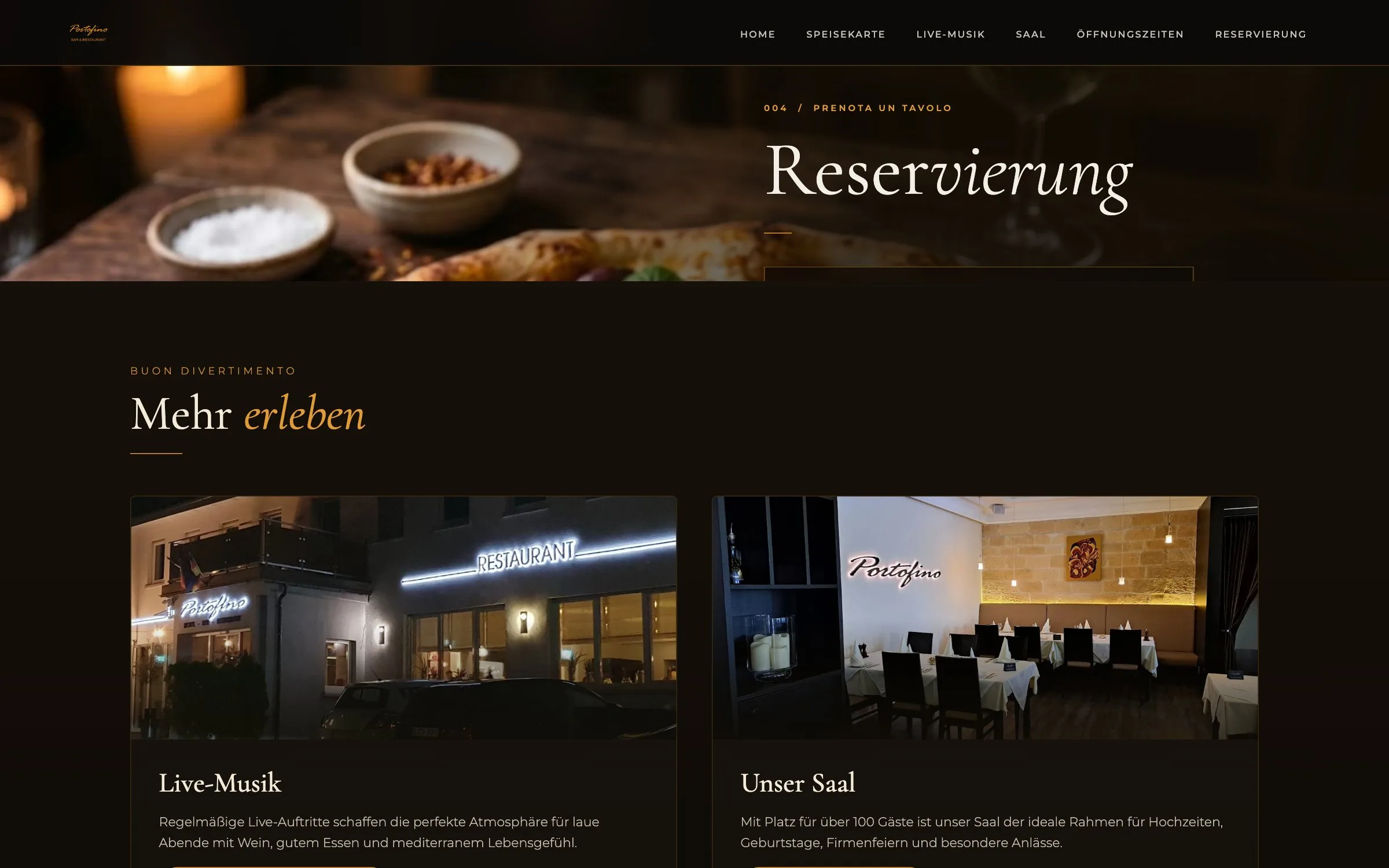 Reservierungsbereich der Portofino-Website mit Teasern zu Saal und Live-Musik