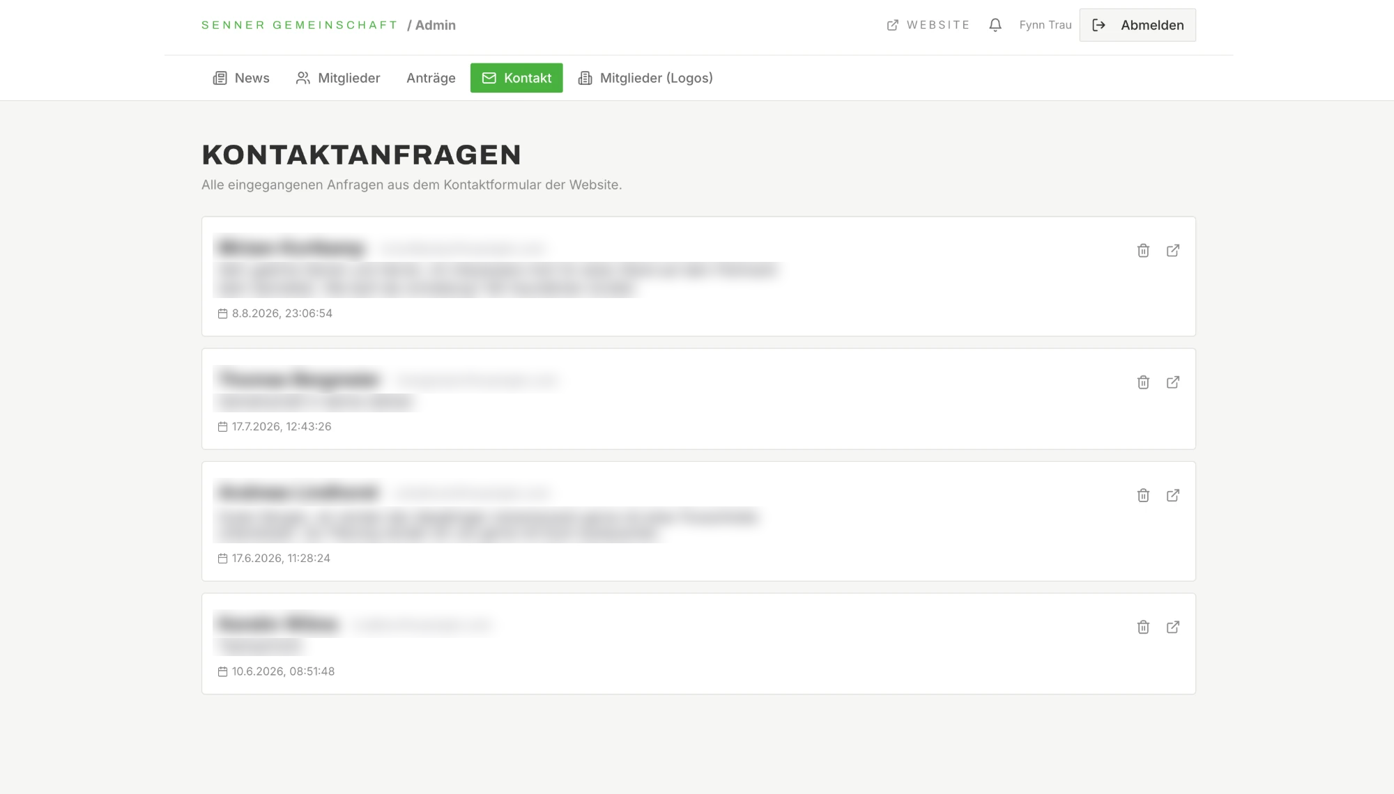 Der Adminbereich der Senner Gemeinschaft mit der Liste eingegangener Kontaktanfragen
