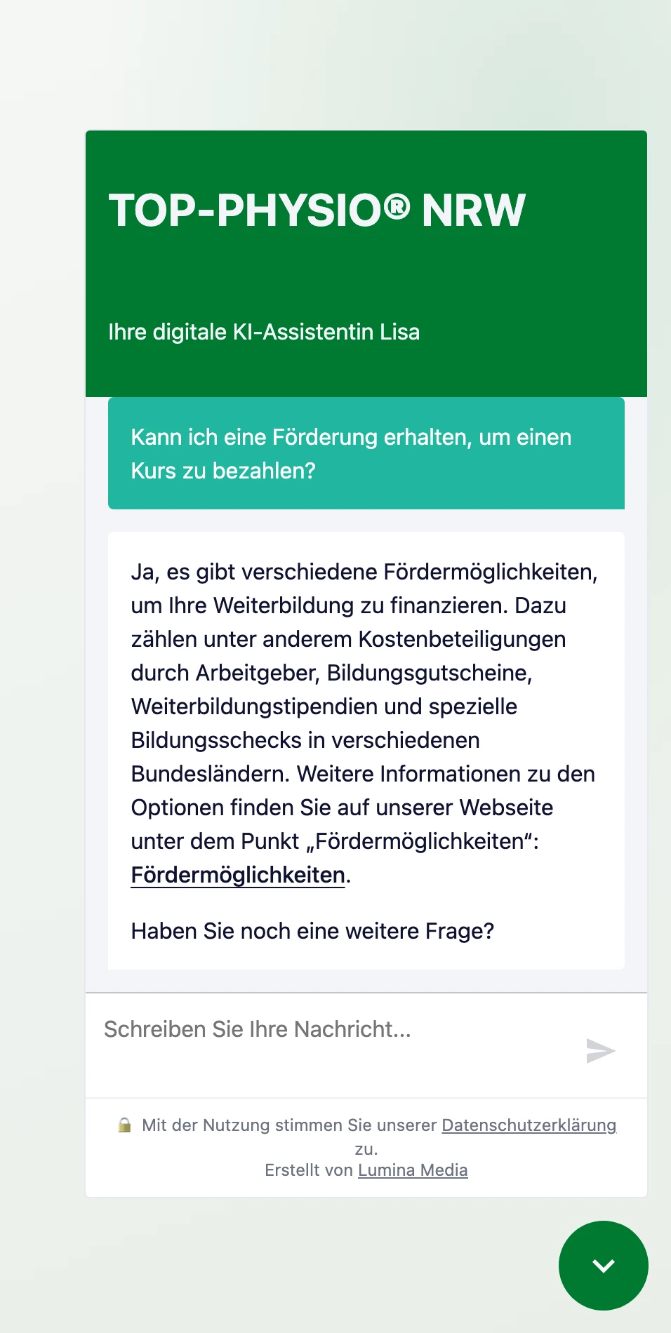 Lisa im Einsatz — der KI-Chat beantwortet eine Frage zur Förderung